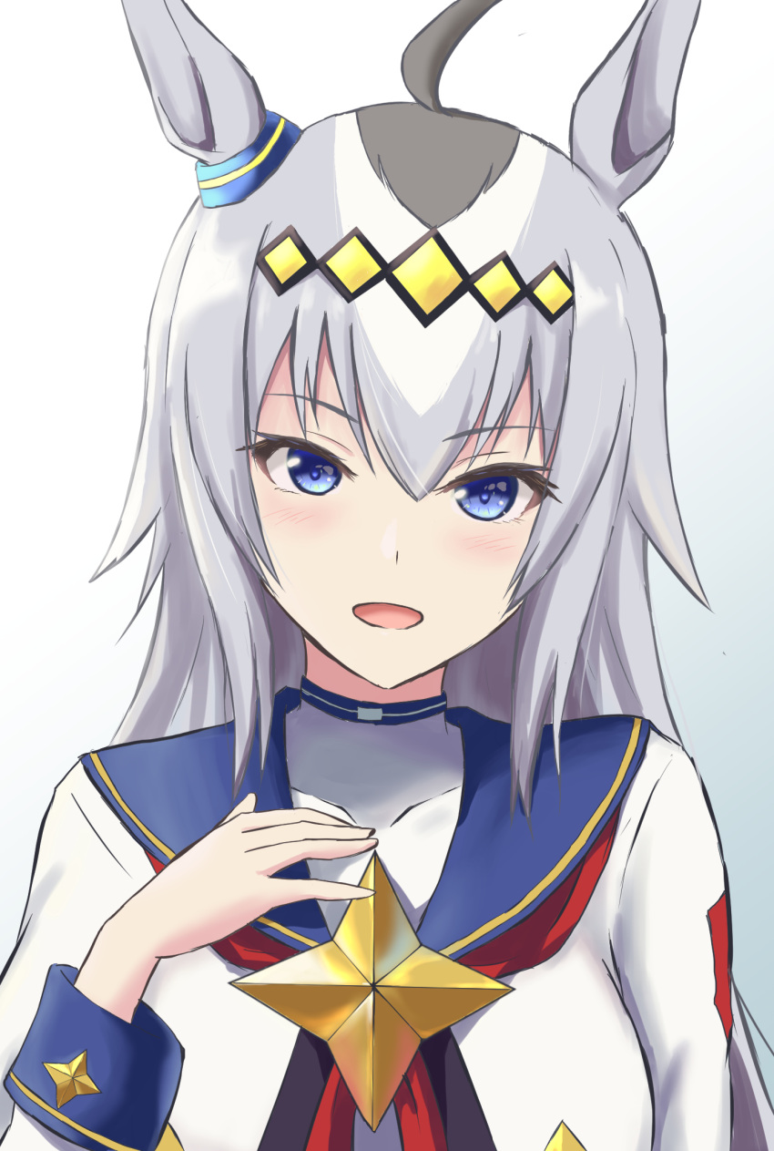 1girl, ahoge, animal_ears, blue_eyes, blue_sailor_collar, blush, brooch, commentary_request, ear_ornament, fukai_asase, grey_hair, hair_between_eyes, hair_ornament, hairband, highres, horse_ears, horse_girl, jacket, jewelry, long_hair, long_sleeves, multicolored_hair, neckerchief, oguri_cap_(starlight_beat)_(umamusume), oguri_cap_(umamusume), open_mouth, red_neckerchief, sailor_collar, shirt, simple_background, smile, solo, star_brooch, umamusume, upper_body, white_jacket, white_shirt