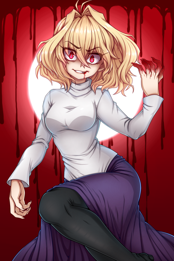 1girl, ahoge, antenna_hair, arcueid_brunestud, blonde_hair, blood, blood_from_mouth, blood_on_hands