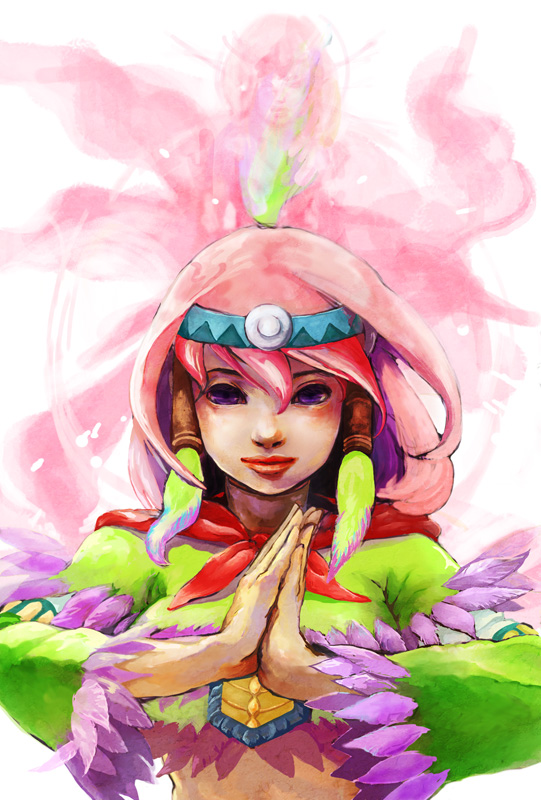 bad_id, blue_eyes, bust, feathers, headband, lipstick, makeup, midriff, monster_hunter, monster_hunter_portable_3rd, muraicchi_(momocchi), muraitchi, pink_hair, praying, purple_eyes, qurupeco_(armor), short_hair, solo