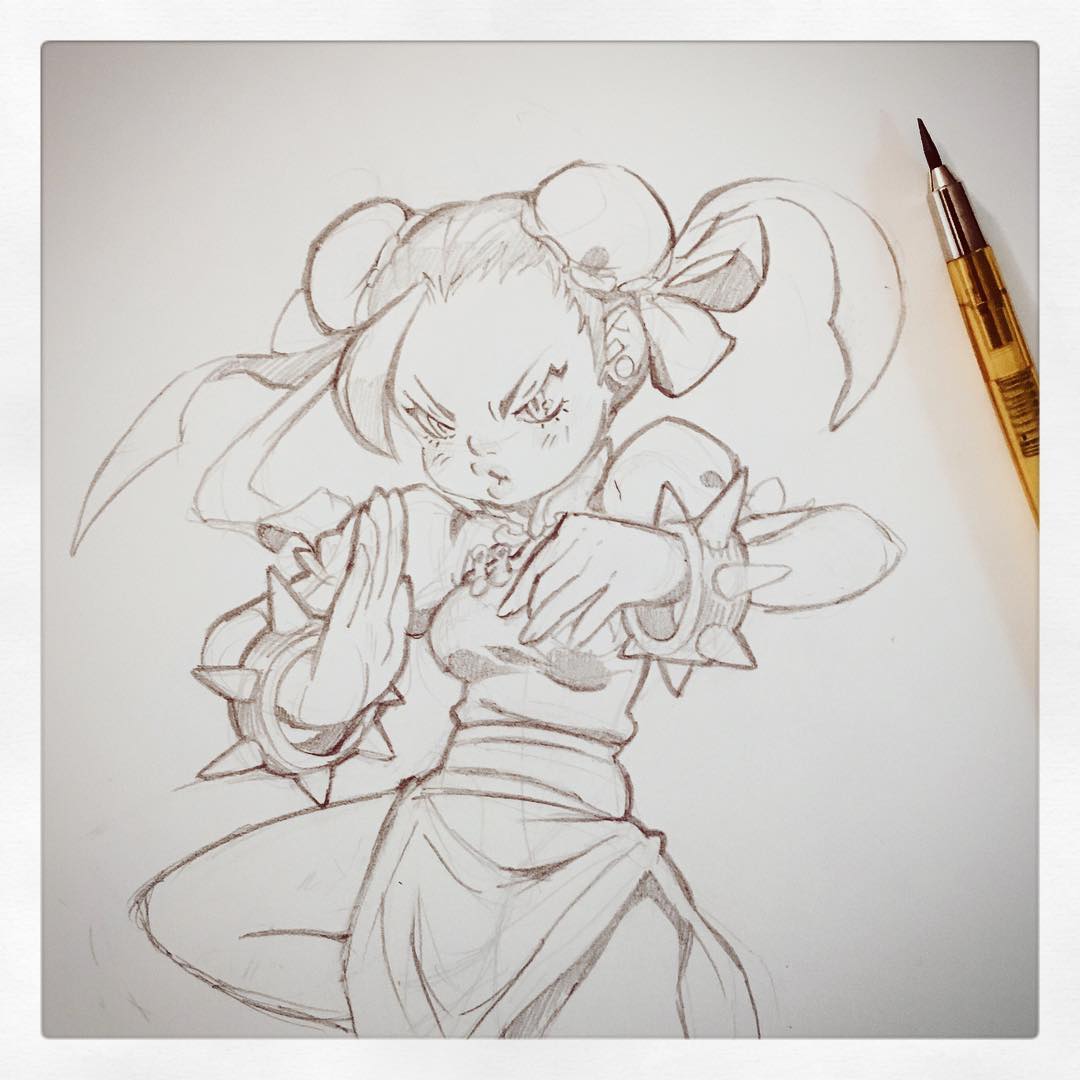 1girl, art_tools_in_frame, border, bracelet, bun_cover, china_dress, chinese_clothes, chun-li