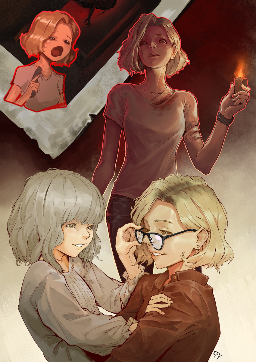 2girls, absurdres, bandages, blonde_hair, blood, blood_on_bandages, brown_jacket, child