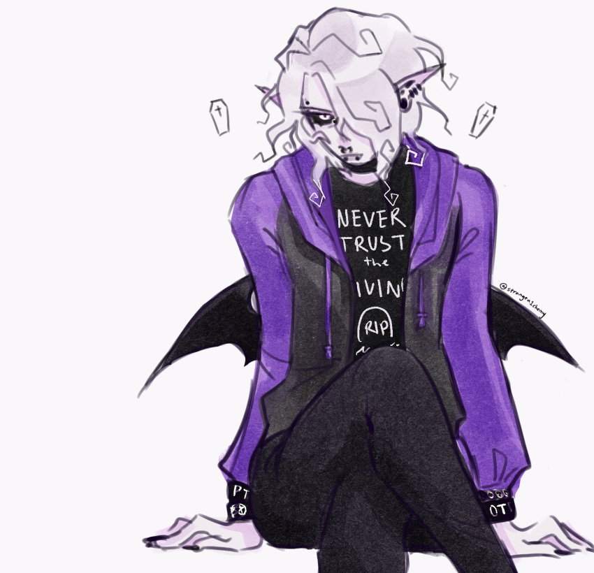 1boy, artist_name, bat_wings, black_nails, black_pants, black_sclera, black_shirt, closed_mouth, coffin, colored_sclera, commentary, crilall, crossed_legs, ear_piercing, emo_fashion, english_commentary, english_text, eyebrow_piercing, face_piercing, feet_out_of_frame, hair_over_one_eye, highres, hood, hood_down, hoodie, invisible_chair, lip_piercing, long_hair, long_sleeves, looking_at_viewer, low_wings, lunacid, male_focus, nose_piercing, open_clothes, open_hoodie, pale_skin, pants, piercing, pink_eyes, pointy_ears, purple_hoodie, shirt, sidelocks, simple_background, sitting, solo, strangea1chemy, white_background, white_hair, wings