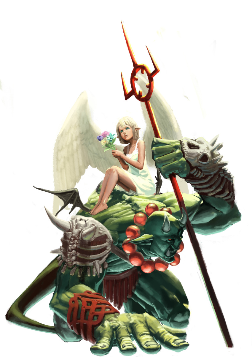 armor, bare_shoulders, barefoot, blonde_hair, bouquet, dress, flower, highres
