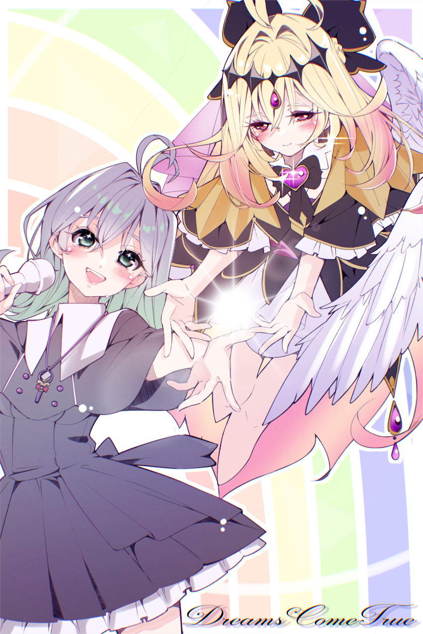 2girls, absurdres, angel_wings, antenna_hair, birthday, black_bow, black_capelet, black_dress