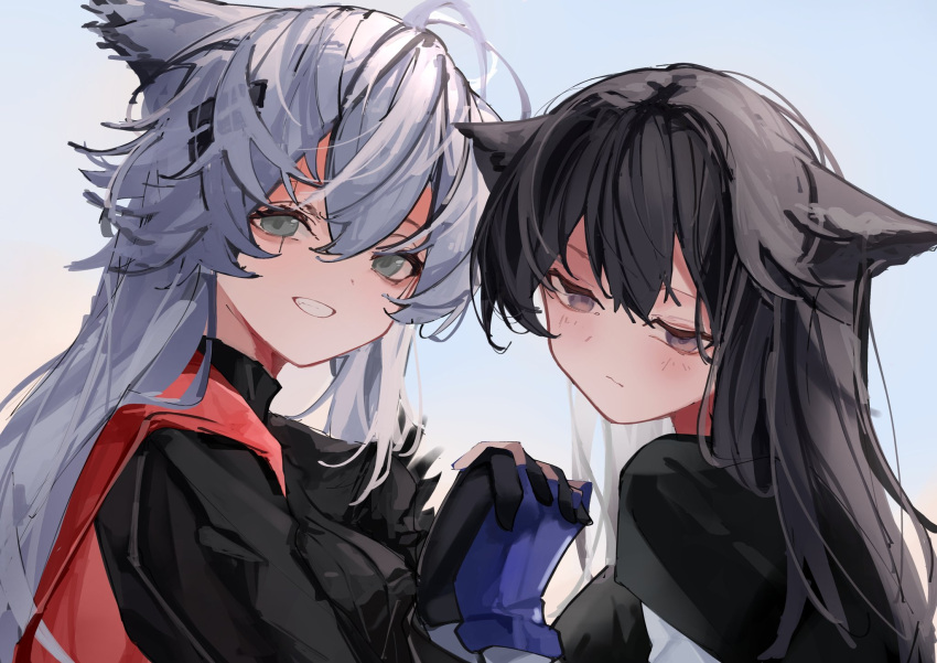 2girls, :d, aimu_(yazidmubarok_07), animal_ears, arknights, black_hair, black_shirt, cape