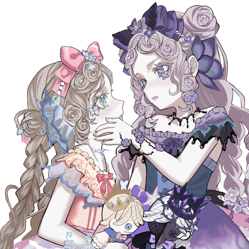2girls, absurdres, beads, blonde_hair, blue_eyes, bow, braid, character_doll