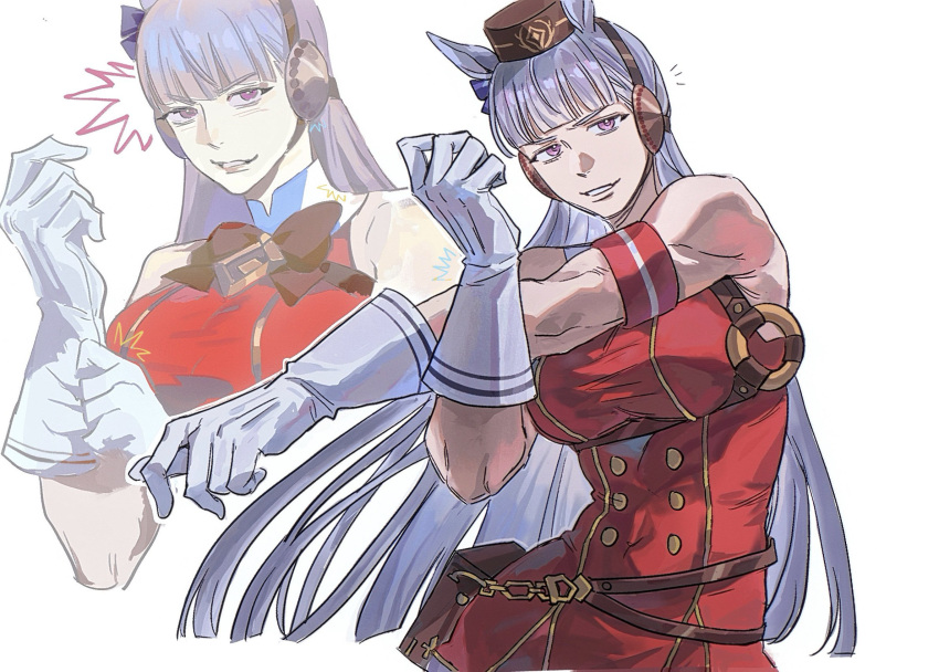 1girl, adjusting_clothes, adjusting_gloves, ammi_(mayflyaa), animal_ears, breasts, commentary, english_commentary