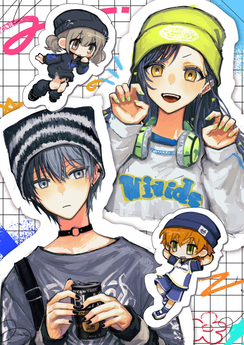 2boys, 2girls, :o, alternate_costume, aoyagi_touya, arms_behind_head, azusawa_kohane, beanie