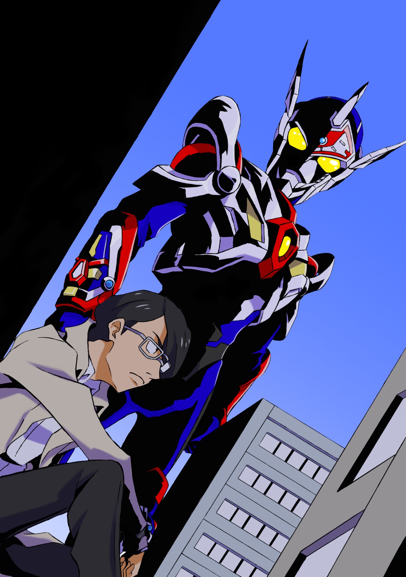 acceptor, armor, black_hair, building, city, clenched_hands, coat, commentary_request