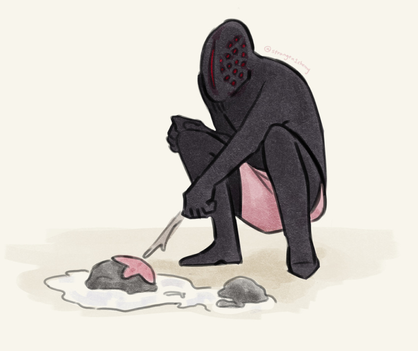 1boy, artist_name, barefoot, beach, black_skin, colored_skin, commentary, english_commentary, garrat_the_hound, holding, holding_stick, lunacid, male_focus, monster, outdoors, pink_shorts, shorts, solo, squatting, stick, strangea1chemy, topless_male, white_background