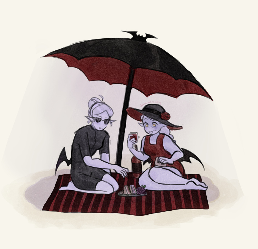 2girls, ahoge, artist_name, barefoot, bat_ornament, bat_wings, beach, beach_towel