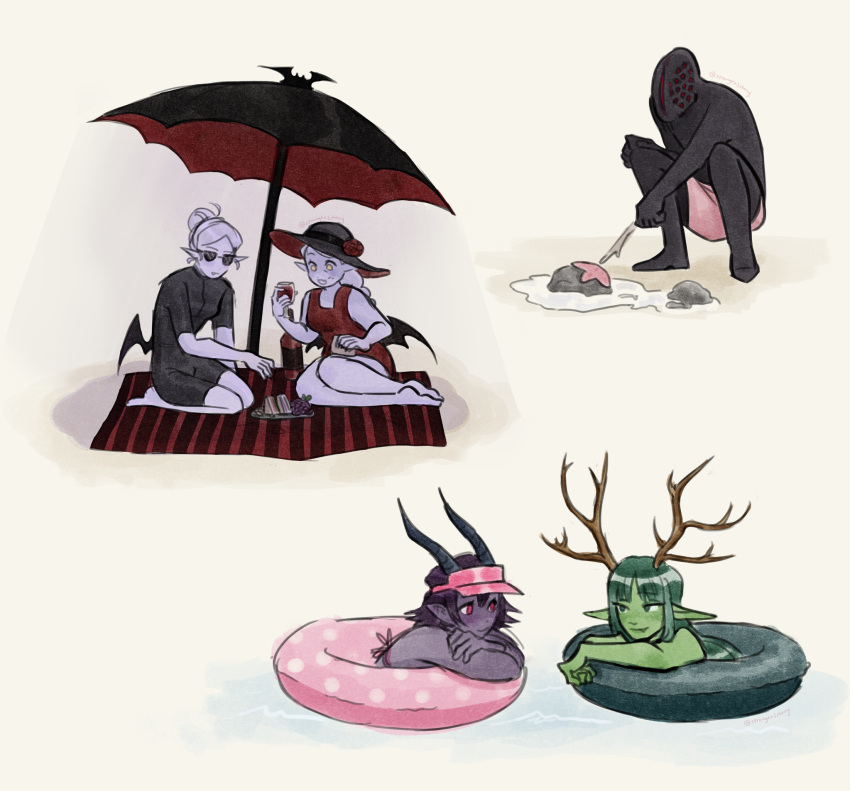 1boy, 4girls, ahoge, antlers, artist_name, barefoot, bat_ornament, bat_wings