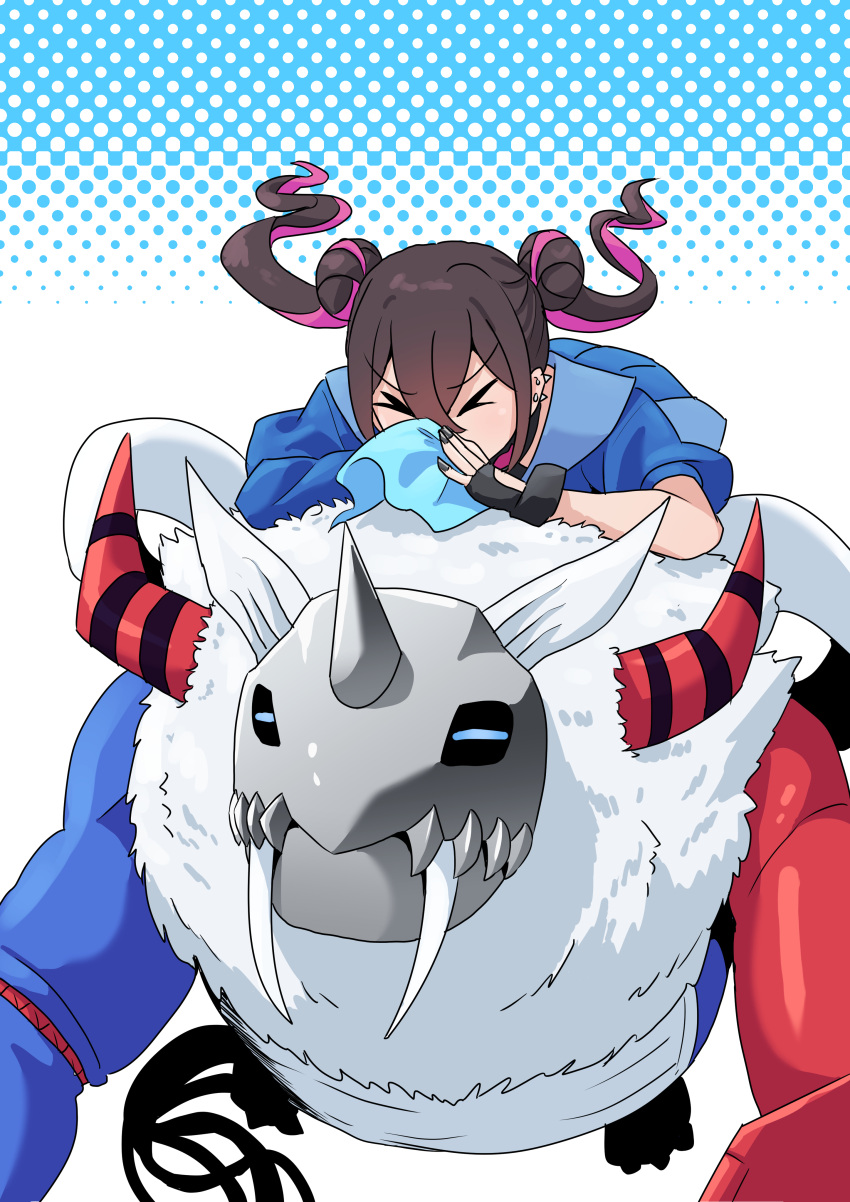 >_<, 1girl, 1other, =_=, absurdres, black_gloves, blowing_nose, blue_skirt