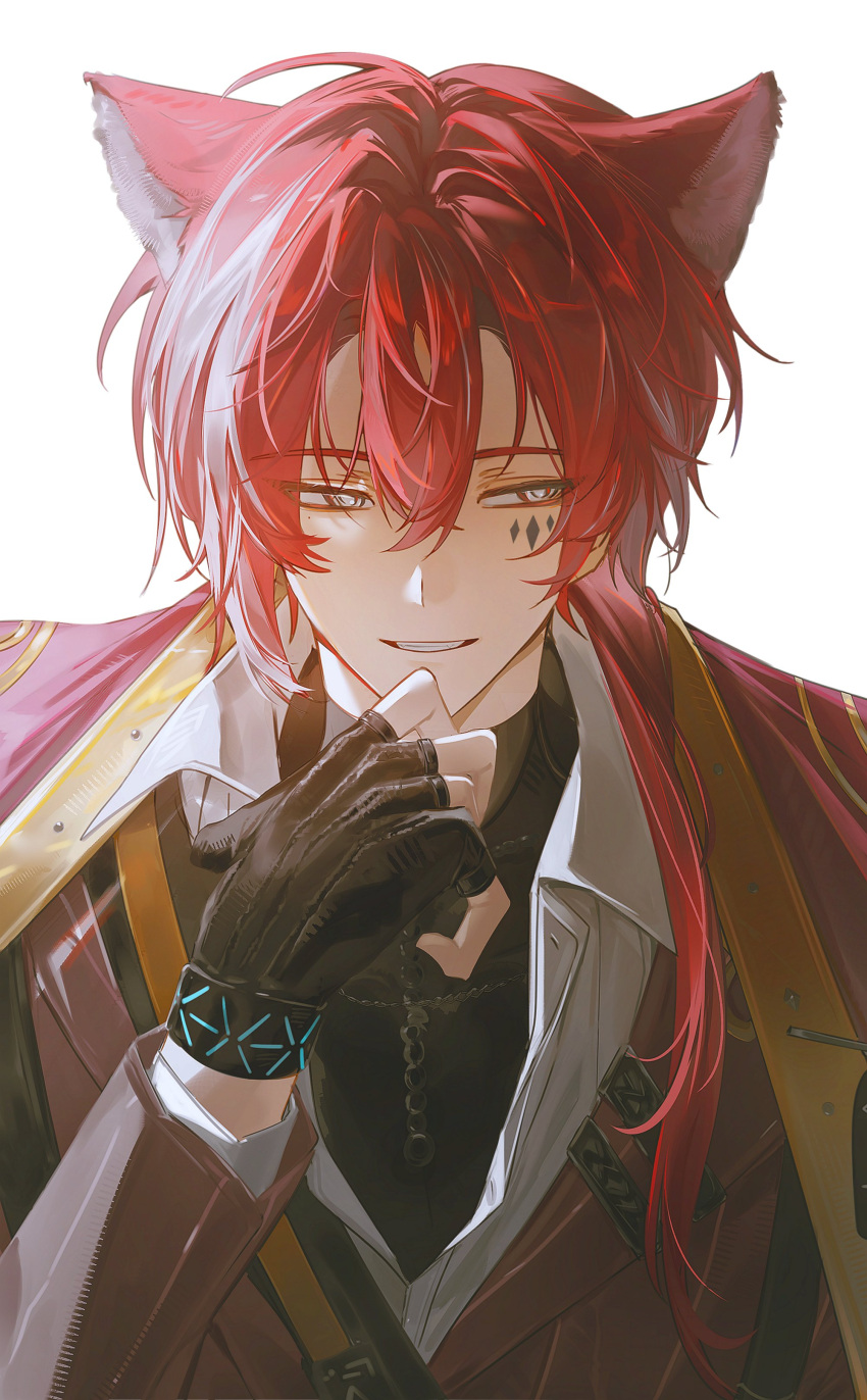 1boy, absurdres, arknights, bellone_(arknights), black_gloves, black_shirt, brown_jacket, coat, coat_on_shoulders, commentary_request, fingerless_gloves, gloves, hand_on_own_chest, highres, infection_monitor_(arknights), jacket, korean_commentary, long_hair, looking_to_the_side, male_focus, ponytail, red_coat, red_hair, shirt, shu_suke, simple_background, smile, solo, thinking, upper_body, white_background