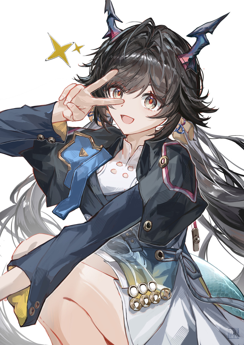 1girl, :d, absurdres, arknights, arknights:_endfield, black_hair, black_jacket, chen_qianyu_(arknights), chinese_commentary, commentary_request, grey_eyes, highres, horns, jacket, long_hair, long_sleeves, looking_at_viewer, open_mouth, orange_pupils, simple_background, skirt, smile, solo, sparkle, tongyu, v, v_over_eye, white_background, white_skirt
