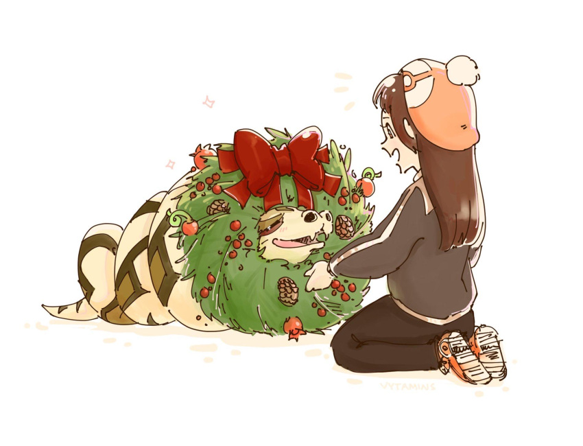 1girl, berry_(pokemon), black_pants, bow, brown_hair, cheri_berry, christmas_wreath, closed_eyes