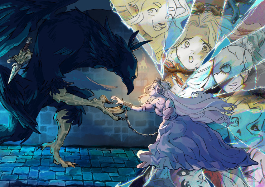 1boy, 1girl, animal_nose, bare_shoulders, beak, bird_boy, claws, cracked_mask