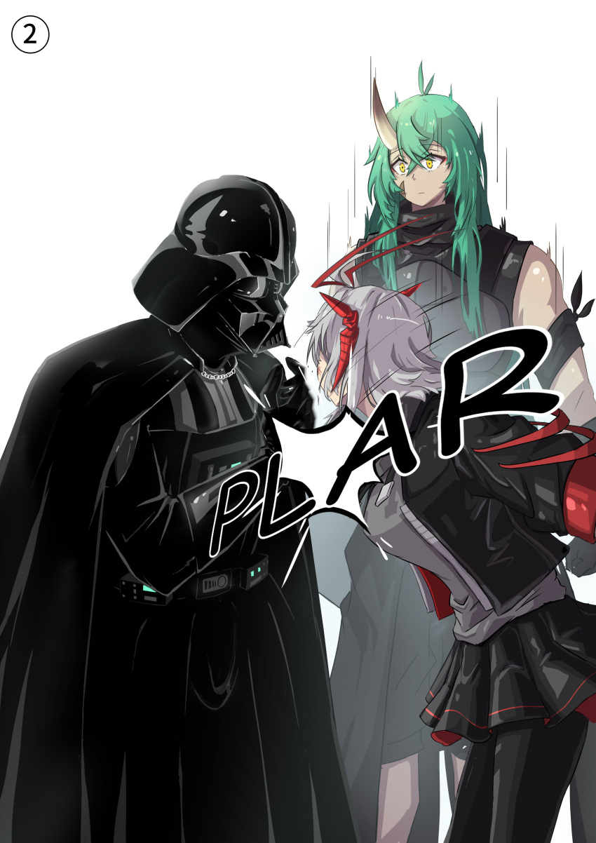 1boy, 2girls, absurdres, ahoge, antenna_hair, arknights, black_cape, black_gloves