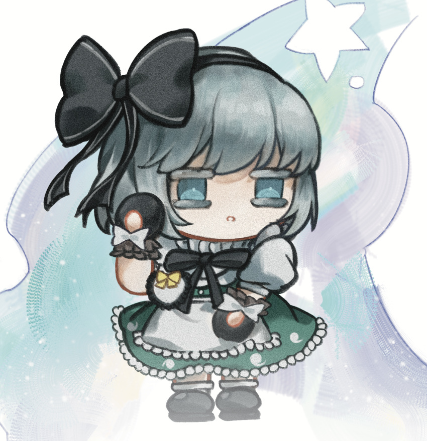 1girl, apron, black_bow, black_gloves, black_hairband, black_ribbon, black_shoes, black_wrist_cuffs