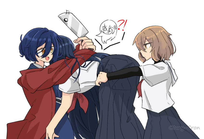 3girls, azami_(watatabe), blue_hair, brown_hair, cleaver, commentary, english_commentary, highres