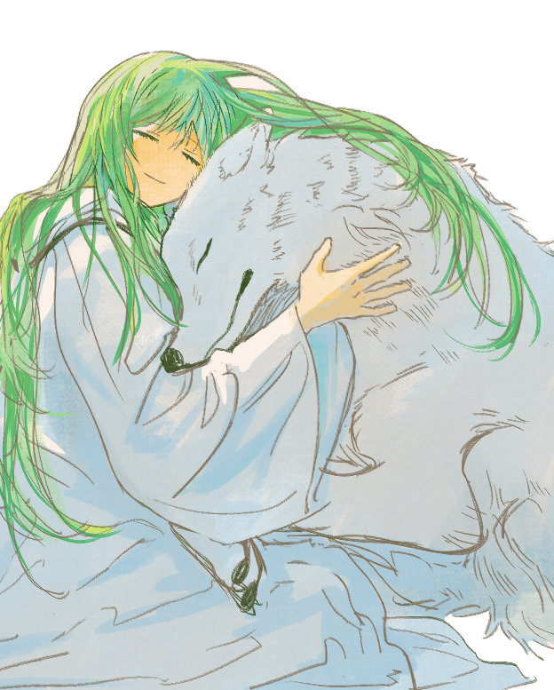 1other, androgynous, animal_hug, closed_eyes, commentary_request, enkidu_(fate), fate/strange_fake, fate_(series)