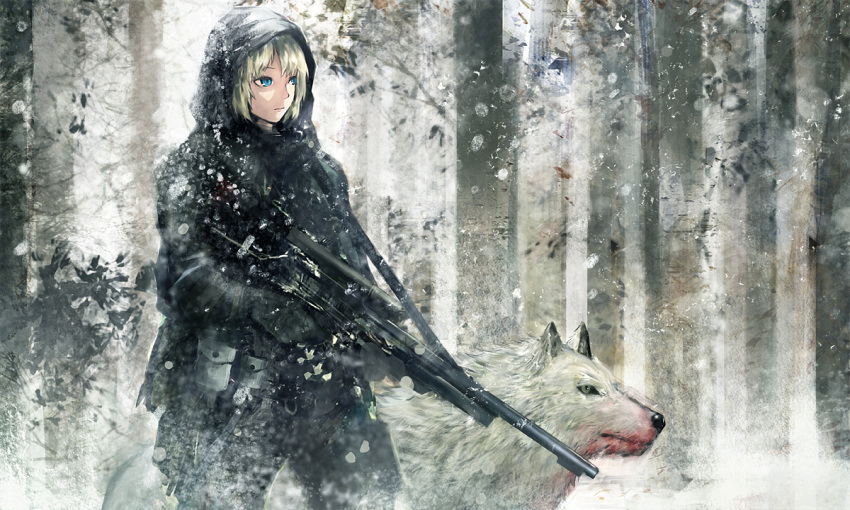 animal, blonde_hair, blood, blood_on_face, blood_on_mouth, blue_eyes, forest, gun, hood, nature, original, rifle, seafh, short_hair, sniper, sniper_rifle, snow, weapon, wolf
