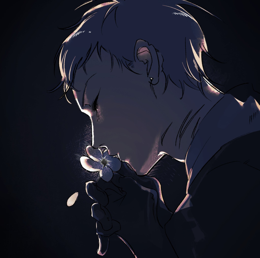 1boy, alien_stage, black_background, black_gloves, commentary, earrings, english_commentary, flower, gloves, grey_hair, highres, holding, holding_flower, jewelry, kissing_flower, male_focus, scar, scar_on_neck, short_hair, solo, till_(alien_stage), very_short_hair, white_flower, xiaoebicha9192