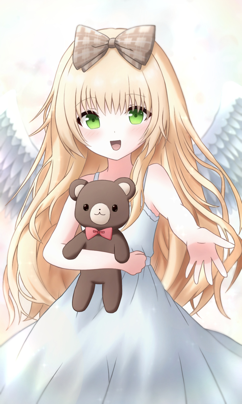 1girl, :d, angel_wings, bare_shoulders, blonde_hair, bow, bowtie, brown_bow, cowboy_shot, dot_nose, dress, feathered_wings, foreshortening, green_eyes, hair_bow, highres, light_blush, long_hair, looking_at_viewer, lydia_eldridge, muv-luv, muv-luv_girls_garden, open_mouth, outstretched_arm, outstretched_hand, plaid_bow, reaching, reaching_towards_viewer, red_bow, red_bowtie, shiryu7225581, simple_background, sleeveless, sleeveless_dress, smile, solo, sparkle, spread_fingers, stuffed_animal, stuffed_toy, sundress, teddy_bear, traditional_bowtie, very_long_hair, white_background, white_dress, white_wings, wings