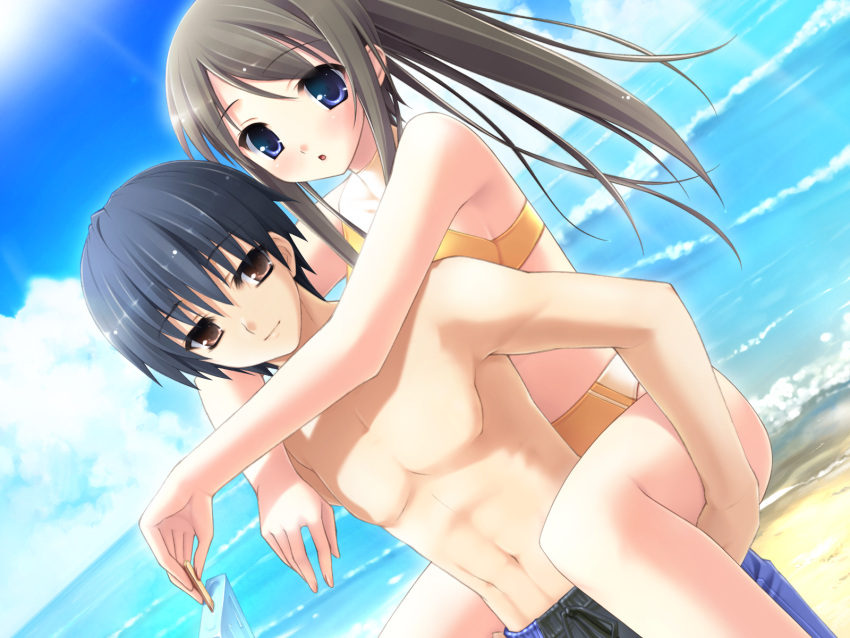 beach, blue_eyes, brown_hair, game_cg, kantoku, miyazawa_midori, natsu_no_ame, ponytail