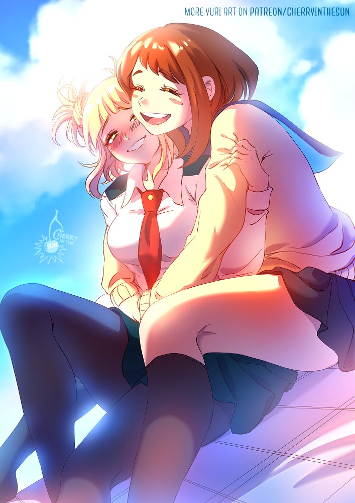 2girls, artist_name, black_pantyhose, black_socks, blonde_hair, blue_sailor_collar, blue_skirt, blush