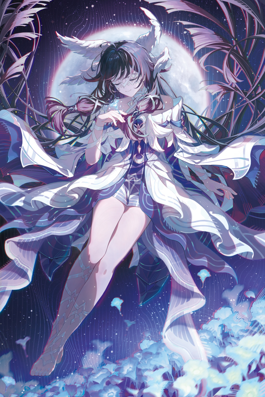 1girl, absurdres, aihuahuadeningmeng, bare_shoulders, barefoot, black_hair, chinese_commentary, closed_eyes