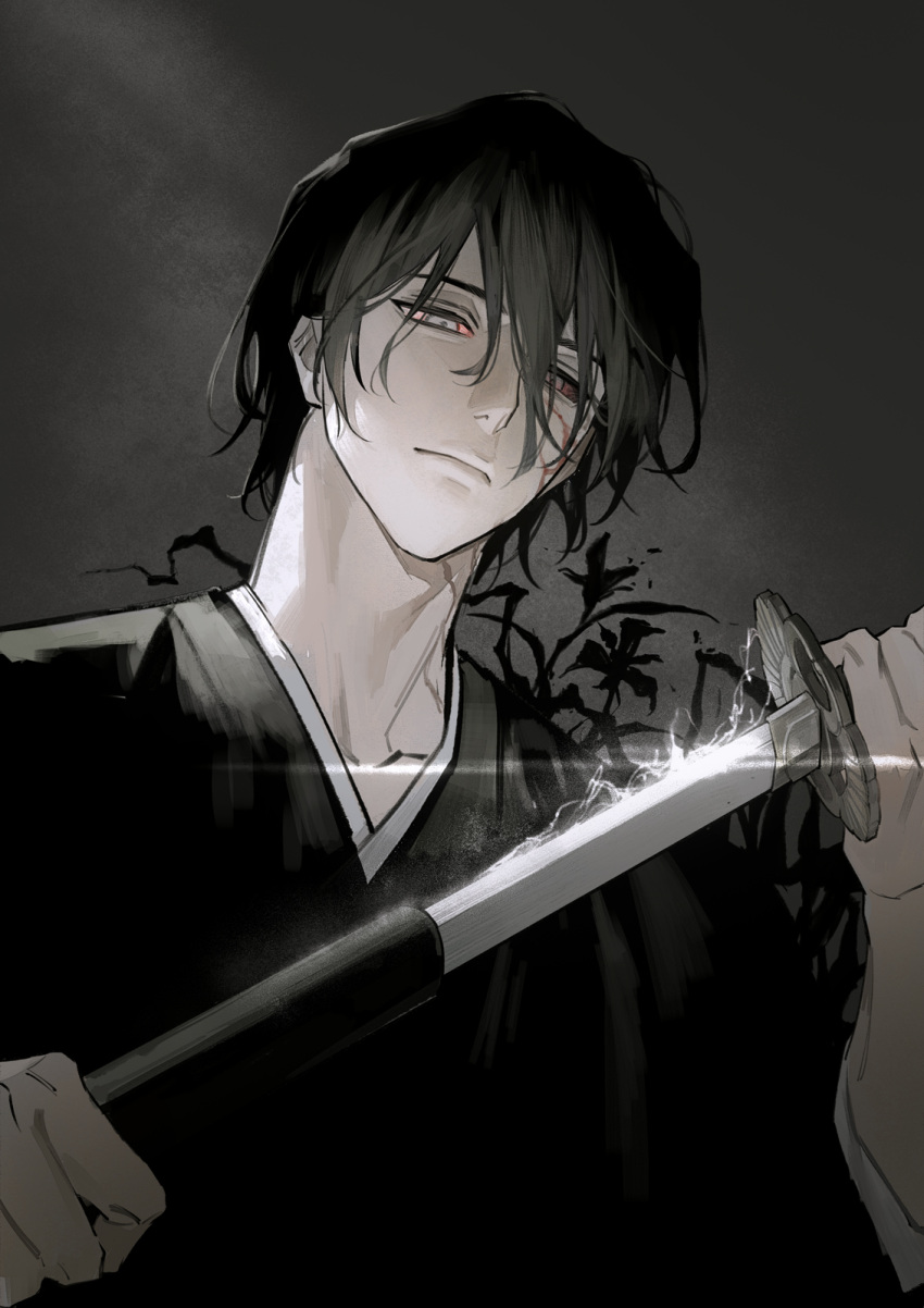 1boy, black_hair, black_kimono, bloodshot_eyes, expressionless, gradient_background, grey_background, grey_eyes