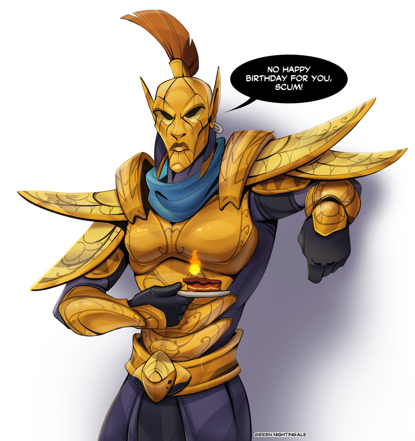 1boy, absurdres, armor, artist_name, cake, candle, cowboy_shot, english_text, food, gold_armor, greennightingale, highres, holding, holding_plate, male_focus, ordinator_armor, ordinator_guard, ordinator_helmet, plate, pointy_ears, shoulder_armor, speech_bubble, the_elder_scrolls, the_elder_scrolls_iii:_morrowind