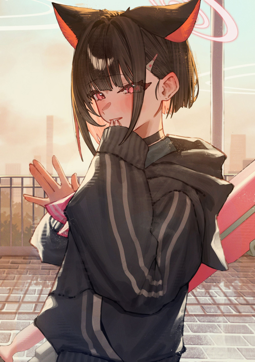 1girl, animal_ears, betanonbeet, black_hoodie, blue_archive, blush, cat_ears, cat_girl