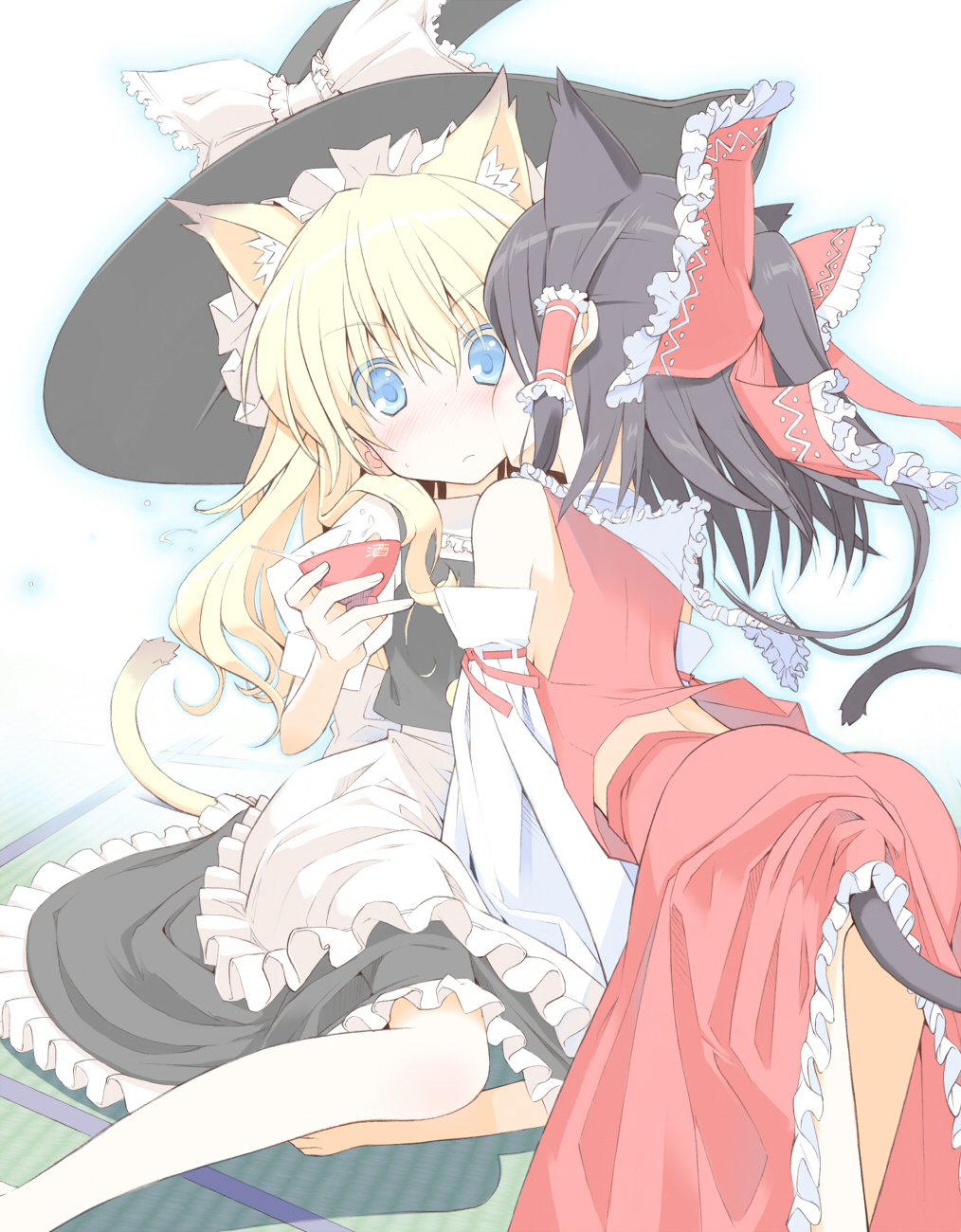 animal_ears, bare_shoulders, barefoot, blonde_hair, blue_eyes, blush, bow, brown_hair