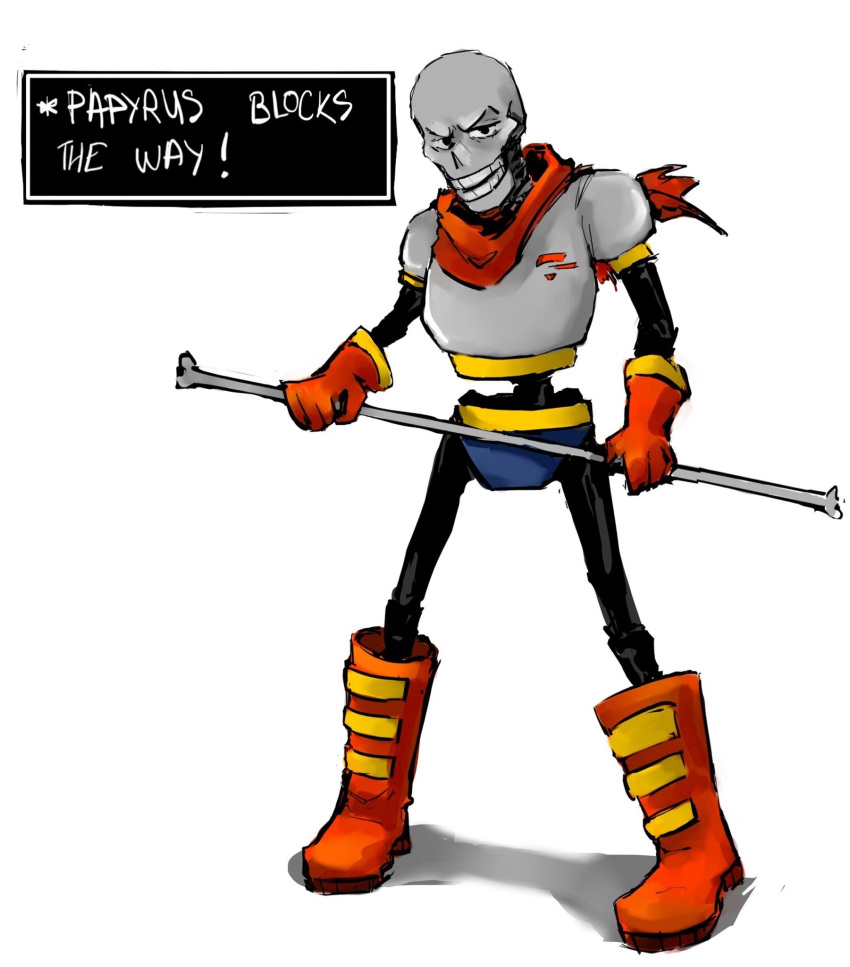 1boy, 2020, 2d, angstyhikka, armor, blue_shorts, bone, boots, cape, commentary, dialogue_box, digital_media, english_commentary, english_text, fighting_stance, full_body, gloves, highres, holding, holding_bone, humanoid, legs_apart, male, male_focus, male_only, monster, monster_boy, papyrus_(undertale), red_boots, red_cape, red_gloves, shorts, simple_background, skeleton, solo, standing, teeth, text, undead, undertale, utdr_(toby_fox), white_armor, white_background