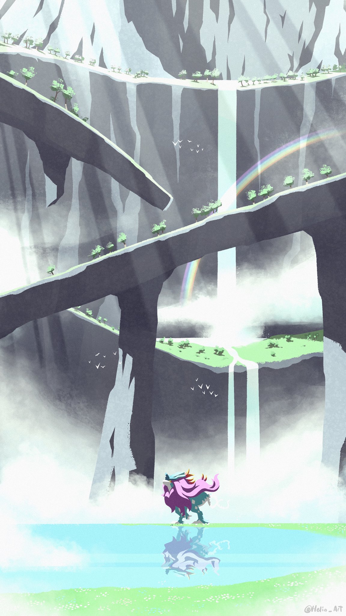animal_focus, area_zero, fog, full_body, grass, highres, leopold65107856, no_humans, outdoors, pokemon, pokemon_(creature), pokemon_focus, reflection, reflective_liquid, scenery, solo, tree, twitter_username, walking_wake, water, waterfall