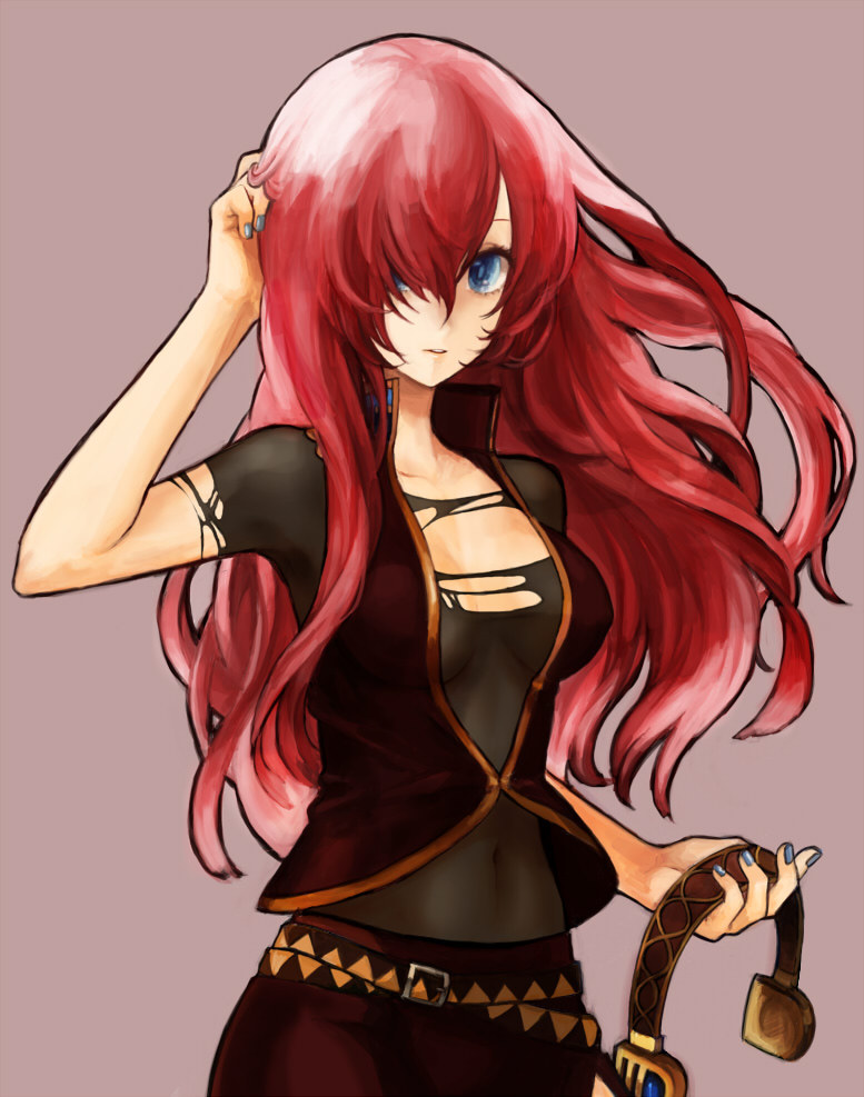 1girl, blue_eyes, clothed_navel, hands, long_hair, megurine_luka, michi_ta_(masquerade), midriff, nail_polish, navel, open_shirt, panties, pink_hair, see_through, simple_background, solo, spandex, torn_clothes, vocaloid