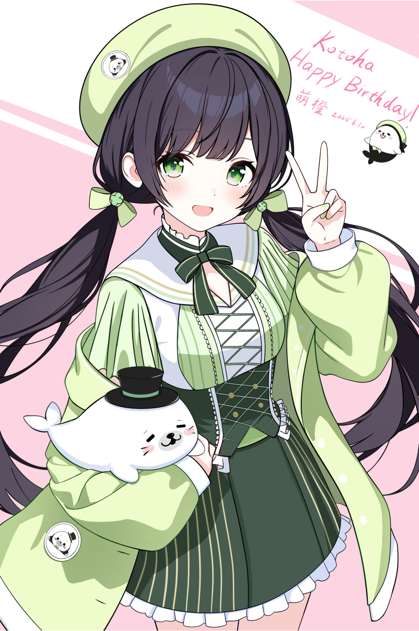 1girl, absurdres, aiceclass, animal, beret, black_hair, bow, bowtie, breasts, commentary_request, cowboy_shot, frilled_shirt, frilled_skirt, frills, green_bow, green_bowtie, green_eyes, green_hat, green_jacket, green_nails, green_skirt, hair_bow, happy_birthday, hat, high-waist_skirt, highres, holding, holding_animal, jacket, jacket_partially_removed, kotoha_(aiceclass), long_hair, long_sleeves, low_twintails, menglan_kio233, nail_polish, open_mouth, sailor_collar, seal_(animal), shirt, shirt_tucked_in, short_sleeves, skirt, twintails, v, virtual_youtuber, white_sailor_collar, white_shirt