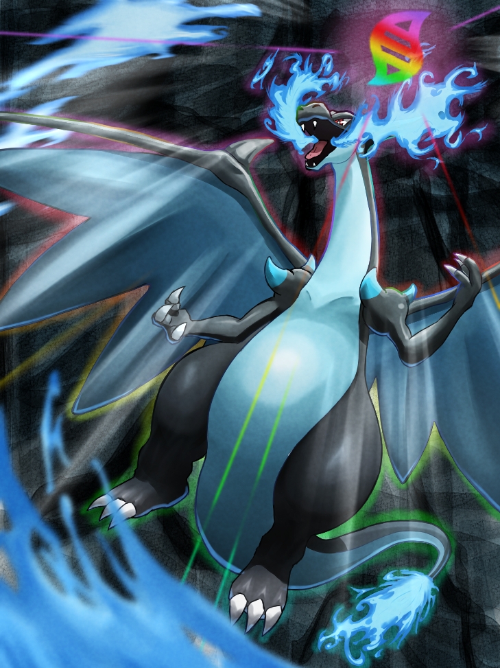 blue_fire, breath_weapon, breathing_fire, charizard, claws, dragon, dragon_wings, fangs, fire, flame-tipped_tail, mega_charizard_x, mega_evolution_symbol, mega_pokemon, nikumarupokemon, no_humans, open_mouth, pokemon, pokemon_(creature), pokemon_focus, red_eyes, tail, wings