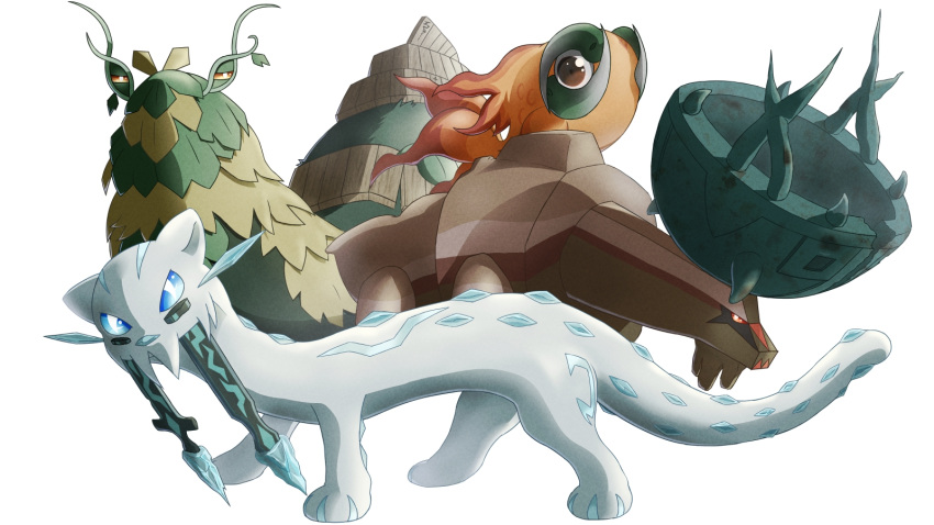 animal_focus, black_eyes, blue_eyes, chi-yu_(pokemon), chien-pao, colored_sclera, fangs, fish, goldfish, highres, leaf, nikumarupokemon, no_humans, pokemon, pokemon_(creature), pokemon_focus, simple_background, tail, ting-lu, tusks, white_background, white_fur, wo-chien