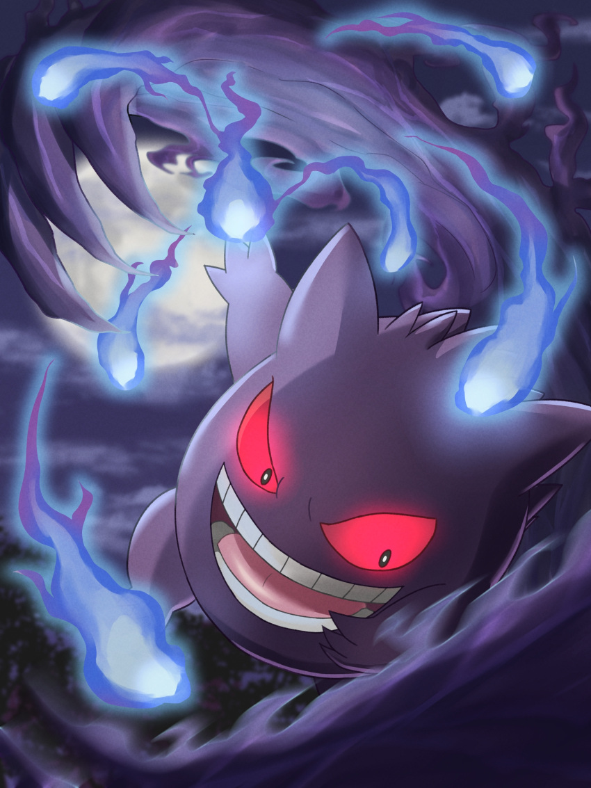 absurdres, blue_fire, colored_sclera, fire, full_moon, gengar, ghost, grin