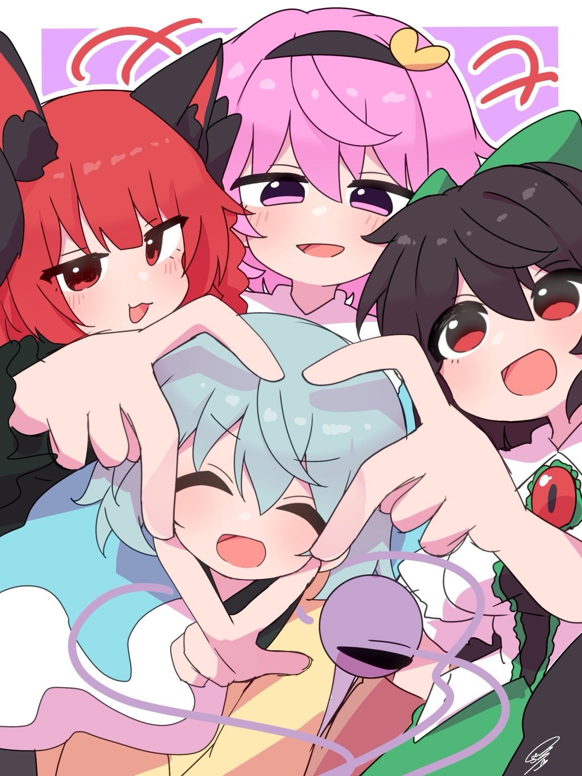 4girls, animal_ears, black_bow, black_hairband, blue_shirt, bow, braid, brown_hair