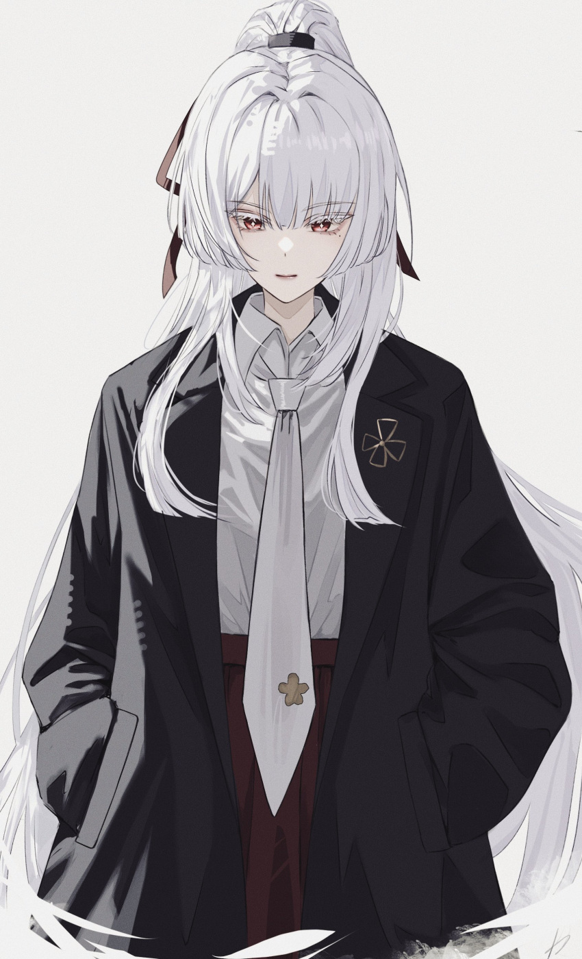 1girl, absurdres, alternate_costume, black_jacket, celly_(mogmog_99), closed_mouth, collared_shirt, colored_eyelashes, commentary, diamond-shaped_pupils, diamond_(shape), grey_background, hair_ribbon, hands_in_pockets, high-waist_skirt, highres, hiyuki_(wuthering_waves), jacket, long_hair, looking_at_viewer, necktie, ponytail, red_eyes, red_ribbon, red_skirt, ribbon, shirt, shirt_tucked_in, simple_background, skirt, solo, symbol-shaped_pupils, upper_body, white_eyelashes, white_hair, white_necktie, white_shirt, wuthering_waves