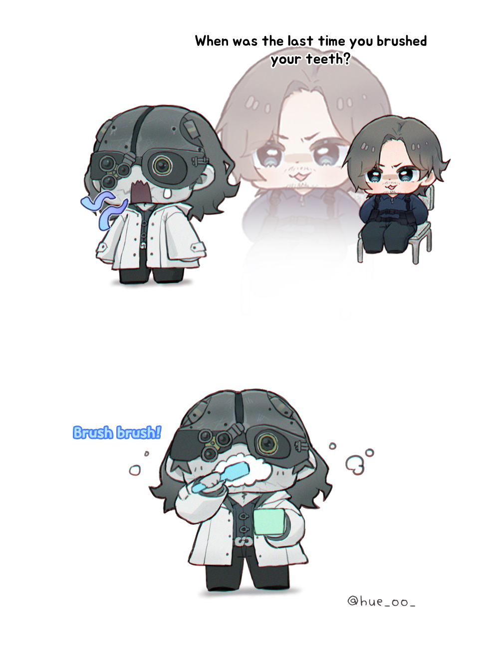 2boys, :3, black_pants, blue_shirt, brushing_teeth, chair, character_request, chibi
