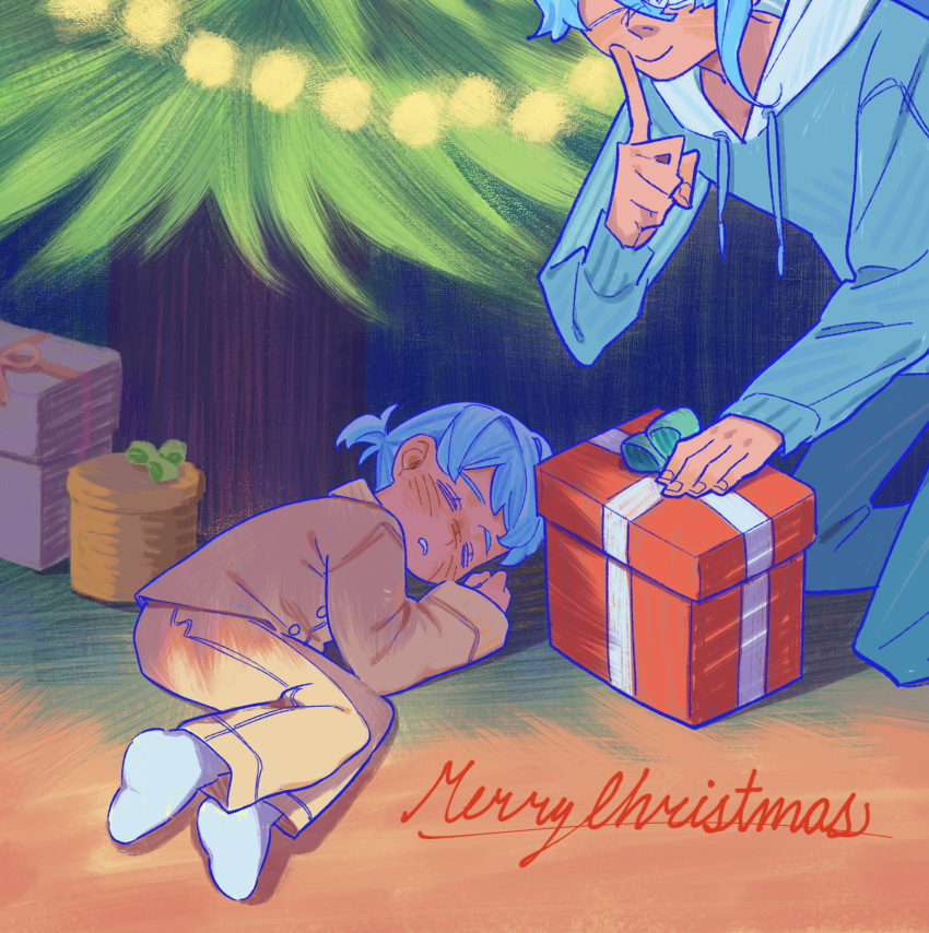 2girls, ai_the_somnium_files, ai_the_somnium_files:_nirvana_initiative, blue_hair, chippuyawn, christmas_lights, christmas_tree, eyepatch