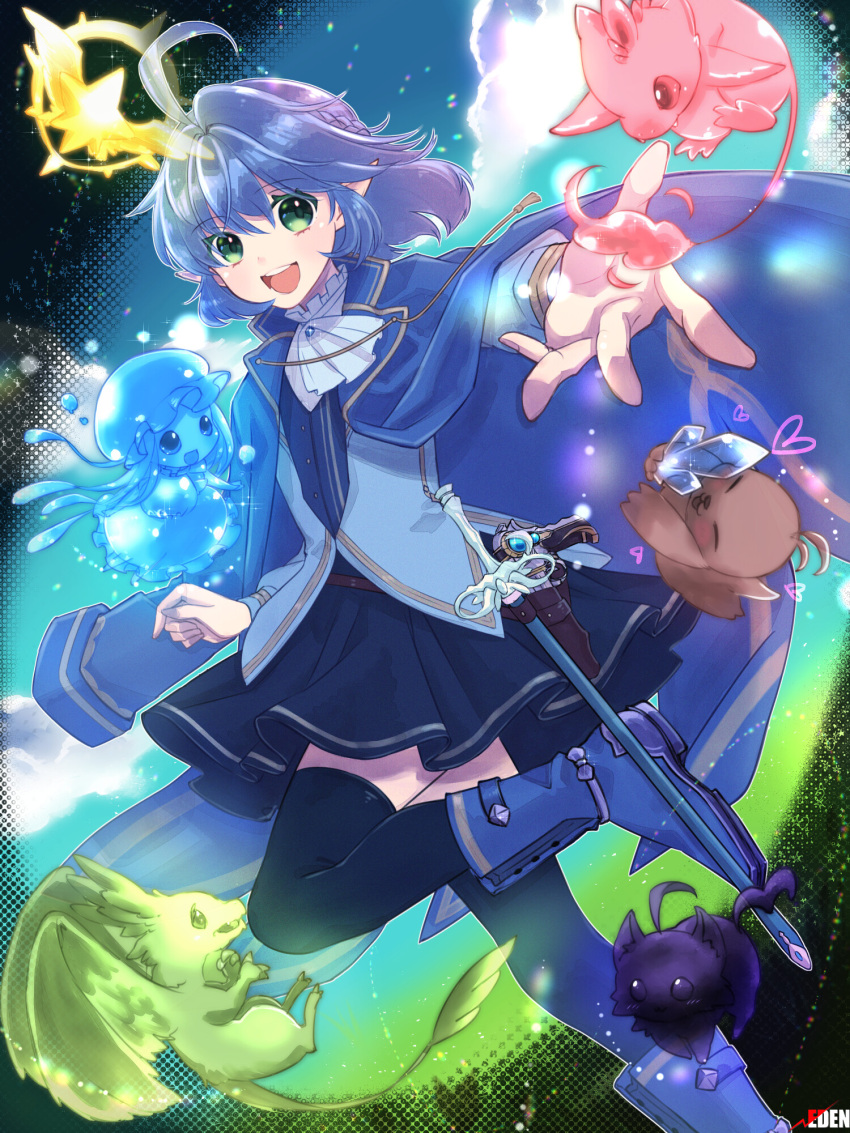 1girl, :d, ahoge, airy_windia, ascot, black_skirt, black_thighhighs, blue_boots