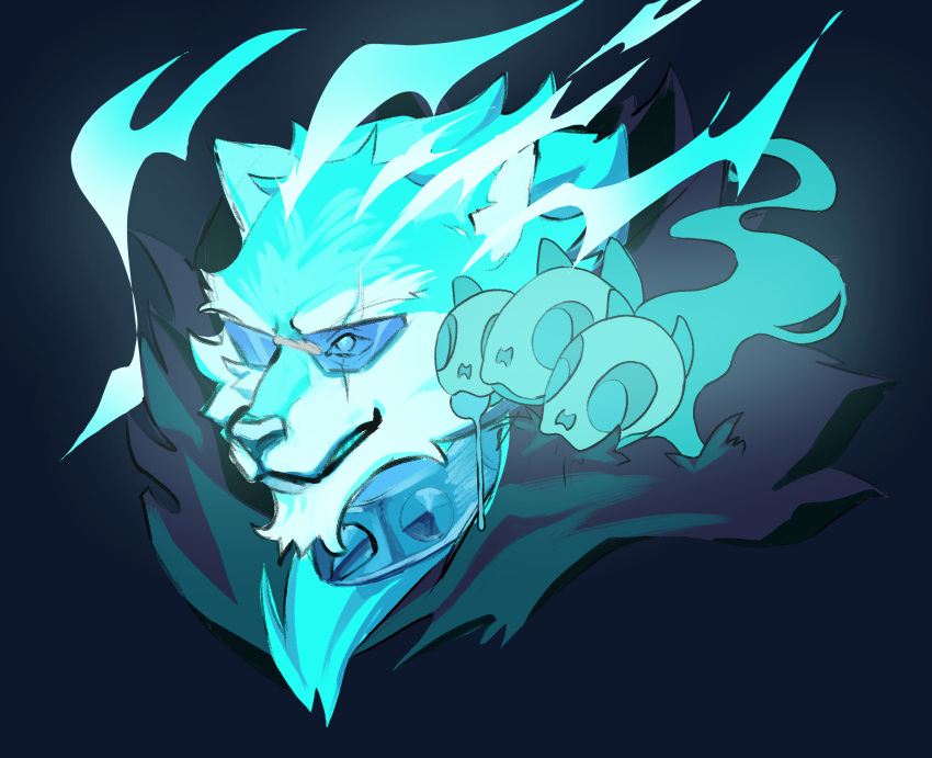 1boy, animal_ears, animal_on_shoulder, blue_fire, cerberus, collar, coraquixote, dislyte, drooling, english_commentary, fire, freddy_(dark_wolf)_(fenrir)_(dislyte), freddy_(fenrir)_(dislyte), furry, furry_male, glasses, head_only, highres, male_focus, saliva, scar, scar_across_eye, scar_on_face, spiked_collar, spikes, tongue, tongue_out, wolf_boy, wolf_ears