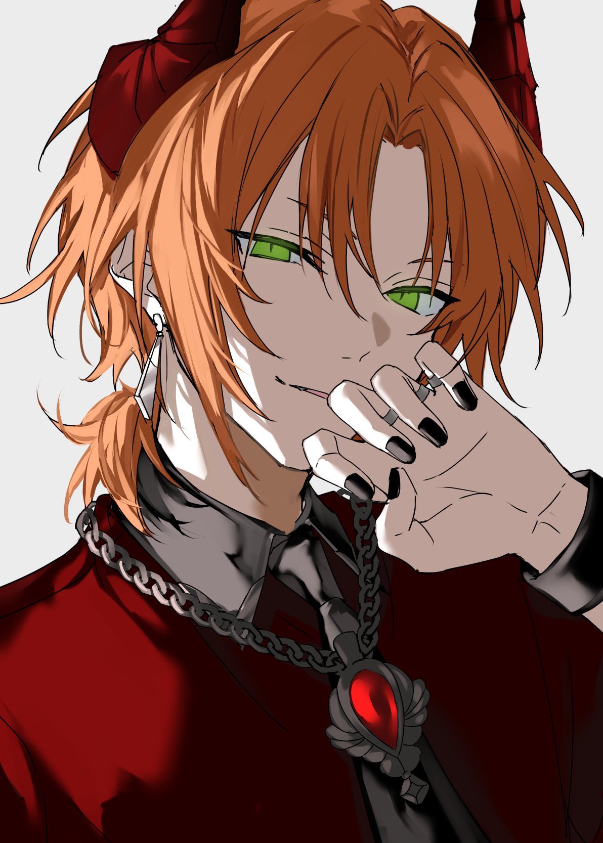 1boy, black_nails, commentary, curtained_hair, demon_horns, dominant_(ensemble_stars!), earrings, ensemble_stars!