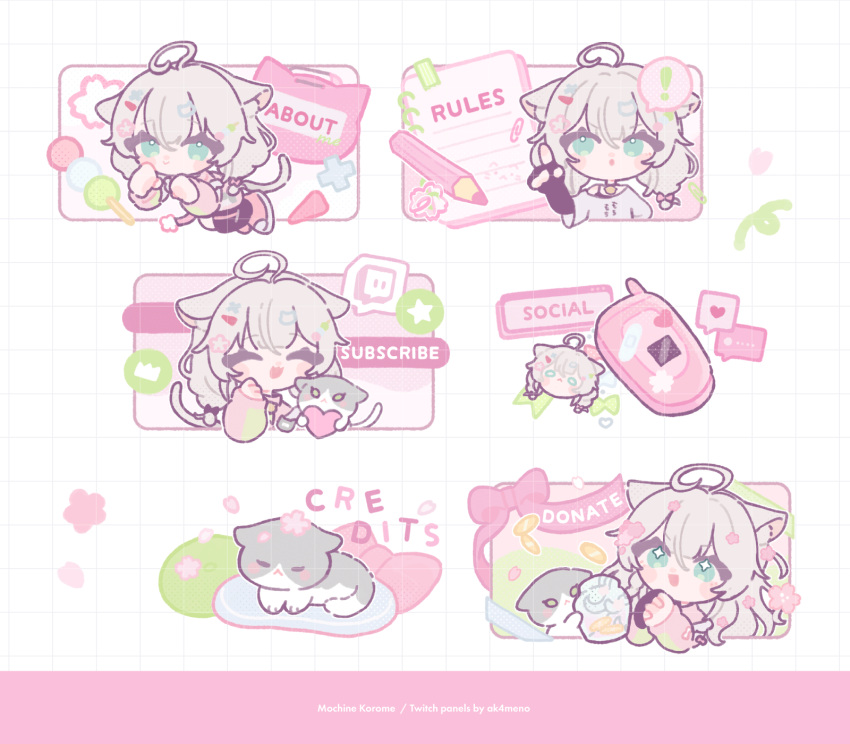 !, 1girl, :<, :3, :d, :o, ^_^, ahoge, akameno, animal, black_gloves, blush_stickers, cat, cellphone, chibi, chibi_only, closed_eyes, closed_mouth, coin, commentary, commission, elbow_gloves, english_commentary, fingerless_gloves, flip_phone, gloves, green_eyes, grey_cat, grey_hair, grid_background, highres, index_finger_raised, indie_virtual_youtuber, long_hair, long_sleeves, mixed-language_commentary, mochine_koroma, multiple_views, notebook, open_mouth, own_hands_clasped, own_hands_together, pencil, phone, pink_shirt, shirt, skeb_commission, smile, spoken_exclamation_mark, virtual_youtuber, white_background